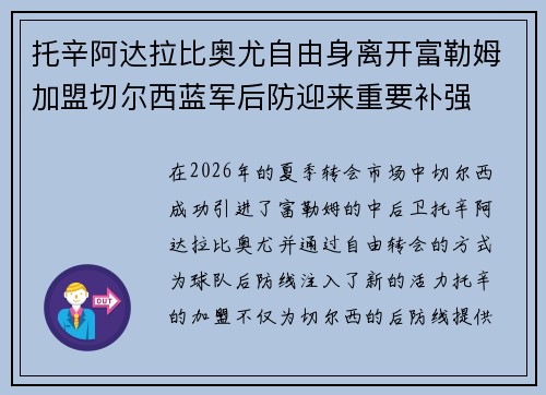 托辛阿达拉比奥尤自由身离开富勒姆加盟切尔西蓝军后防迎来重要补强